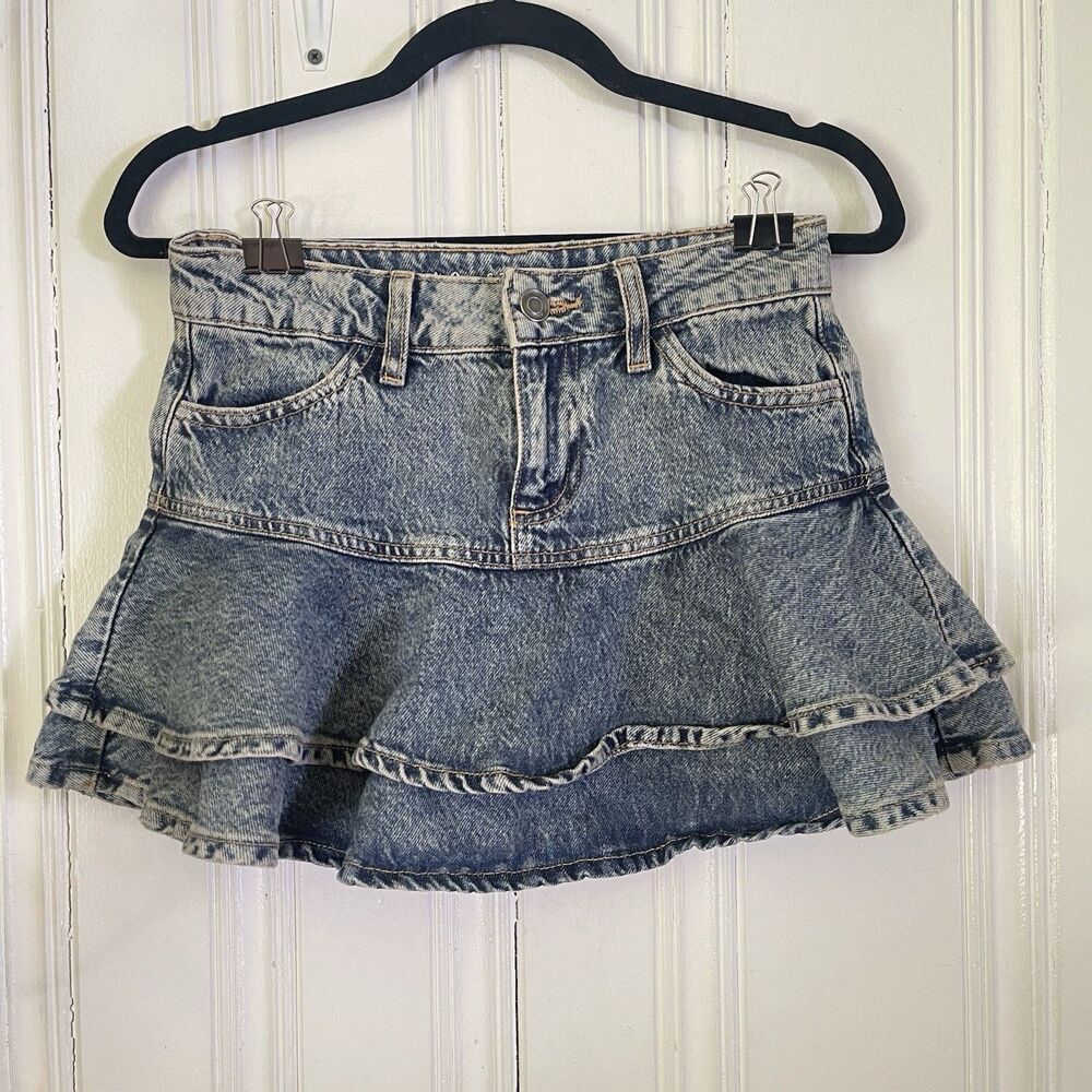 Rita Ora By Primark Women Blue Mid Wash Tiered Ruffle Y2K Mini Skirt Size US 2
